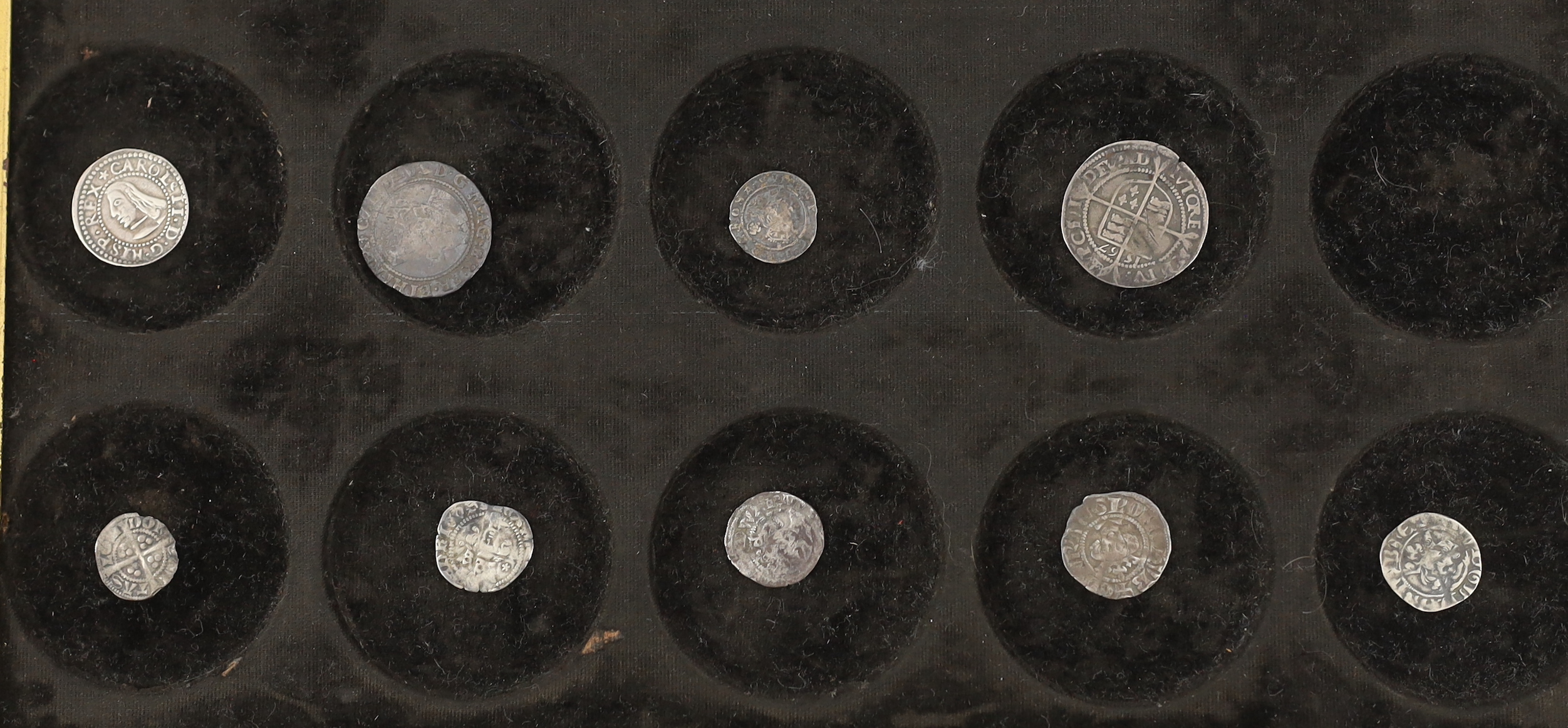 British hammered silver coins, to include five long cross pennies, Elizabeth I groat 1567, Elizabeth I penny 1575, James II shilling together with Charles II of Spain Catalonia groat 1687 (9)
